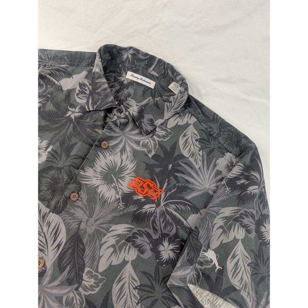 Oklahoma State Tommy Bahama Shirt Large Black Floral‎ Hawaiian Silk Button EUC